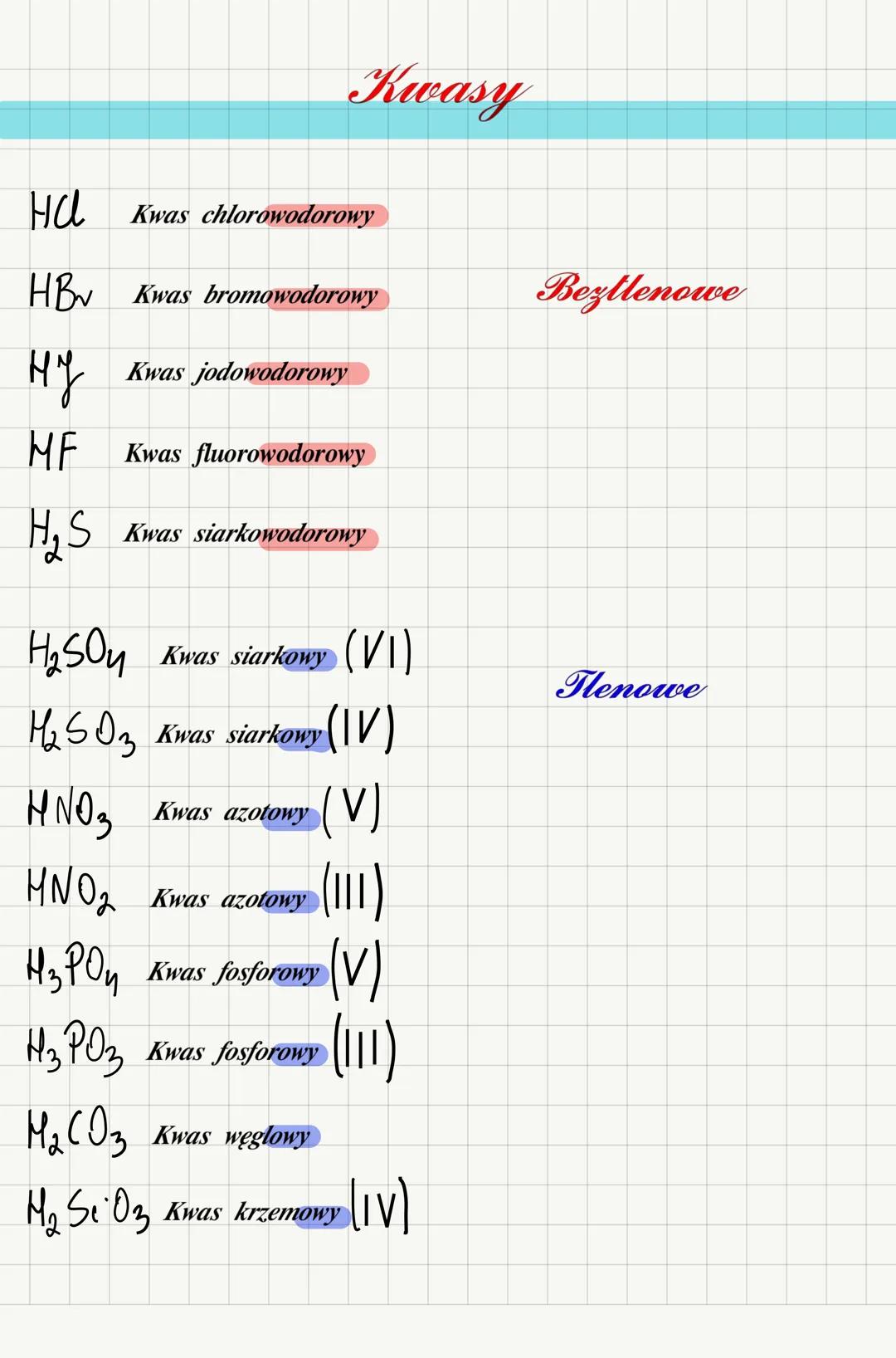 на
HB Kwas bromowodorowy
Hy
Kwas jodowodorowy
ME
Kwas fluorowodorowy
H₂S Kwas siarkowodorowy
Kwas chlorowodorowy
Hason
Kwas siarkowy (VI)
H₂