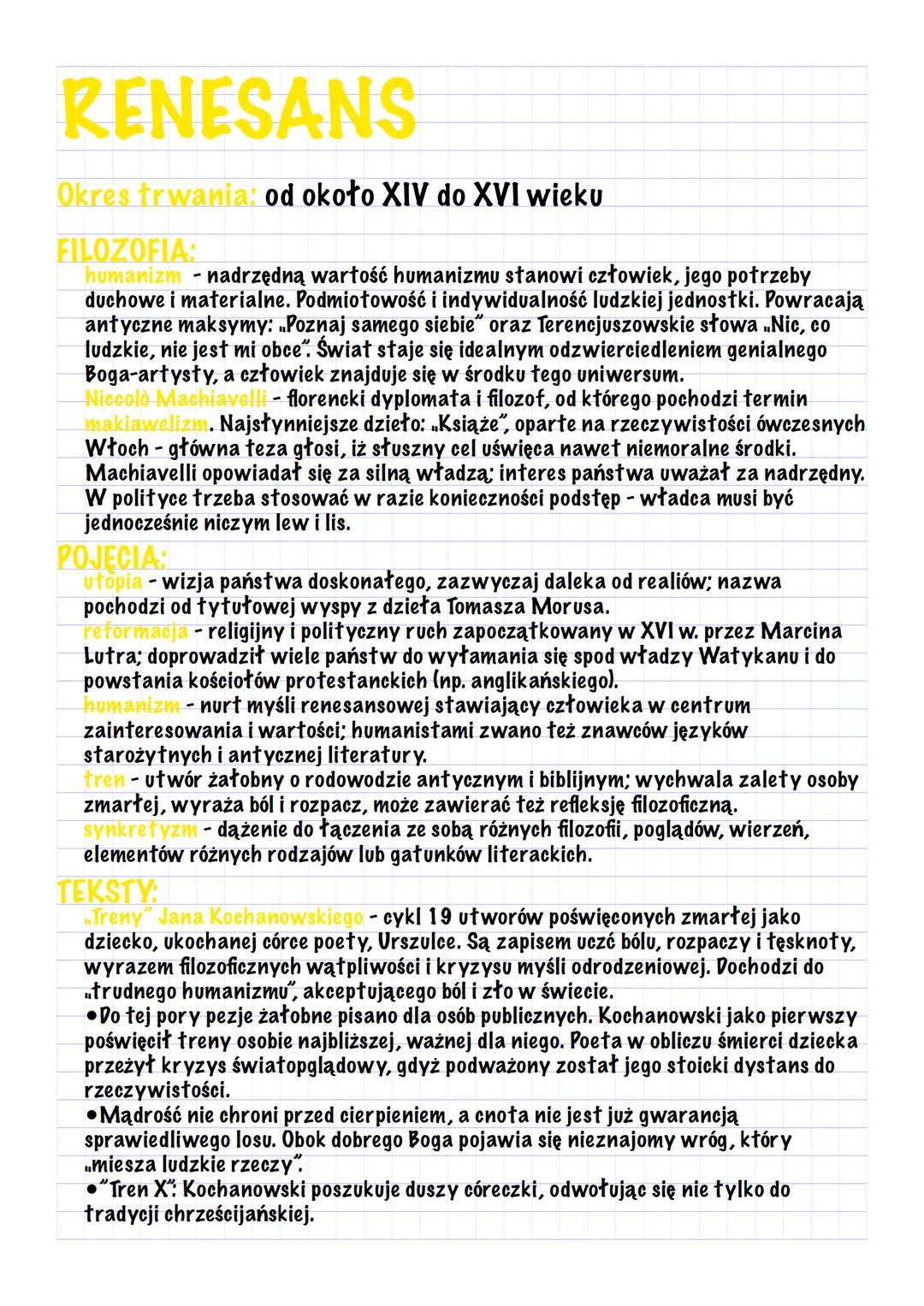 RENESANS
Okres trwania: od około XIV do XVI wieku
FILOZOFIA:
humanizm -nadrzędną wartość humanizmu stanowi człowiek, jego potrzeby
duchowe i