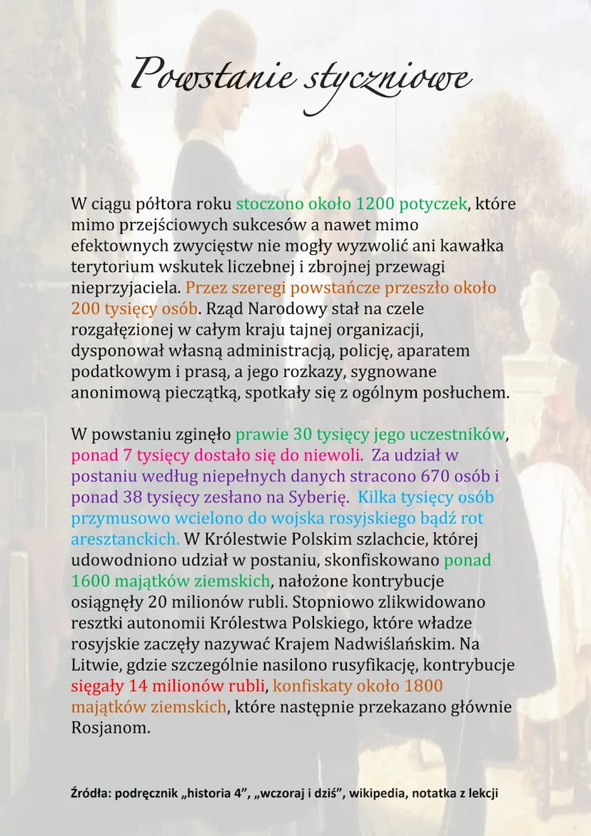 Powstanie styczniowe
Powstanie styczniowe było to powstanie narodowe
przeciw Rosji trwające od 22 stycznia 1863 roku do
połowy 1864 roku. Po