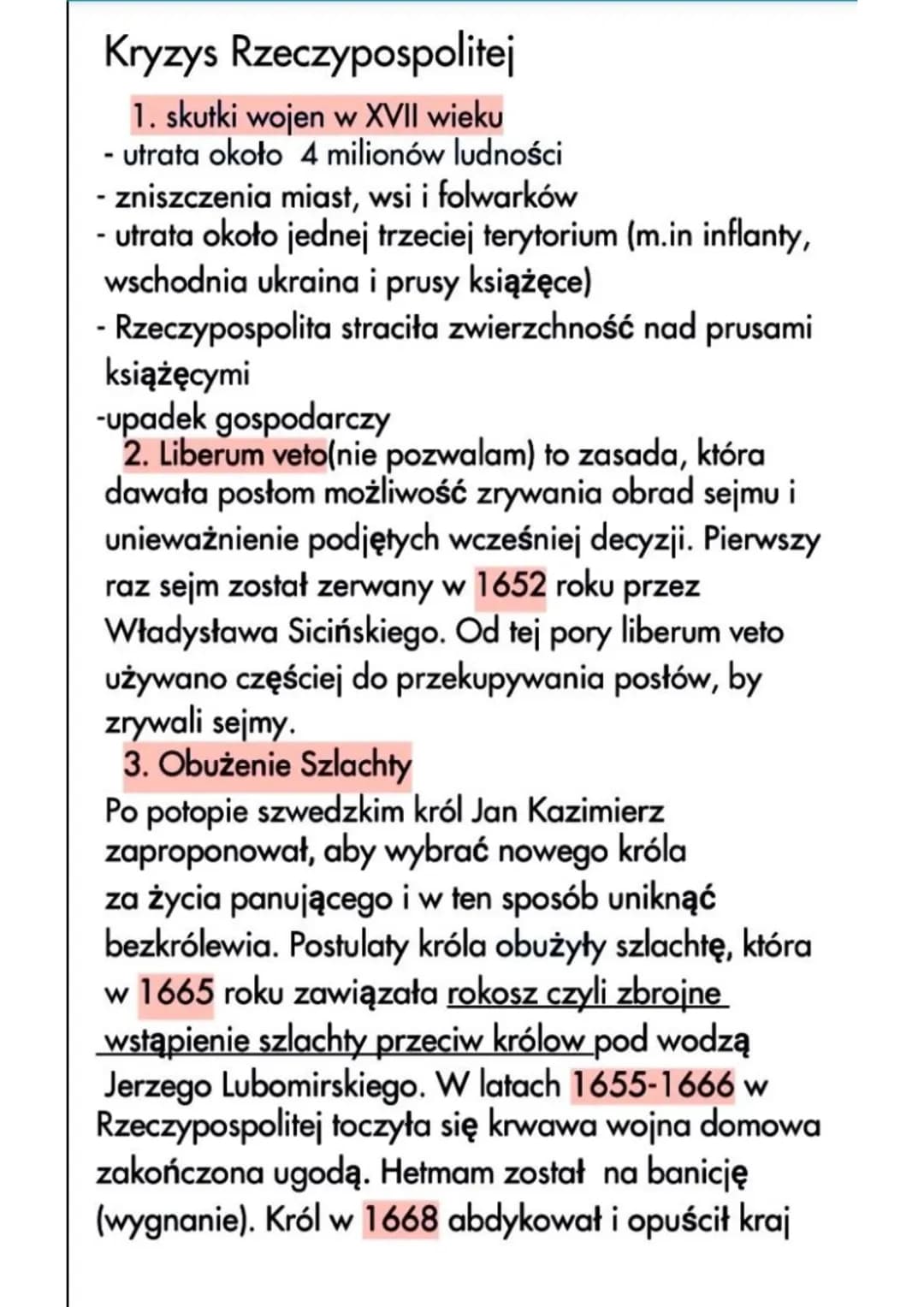 Kryzys
Rzeczypospolitej
1. skutki wojen w XVII wieku
- utrata około 4 milionów ludności
- zniszczenia miast, wsi i folwarków
- utrata około 