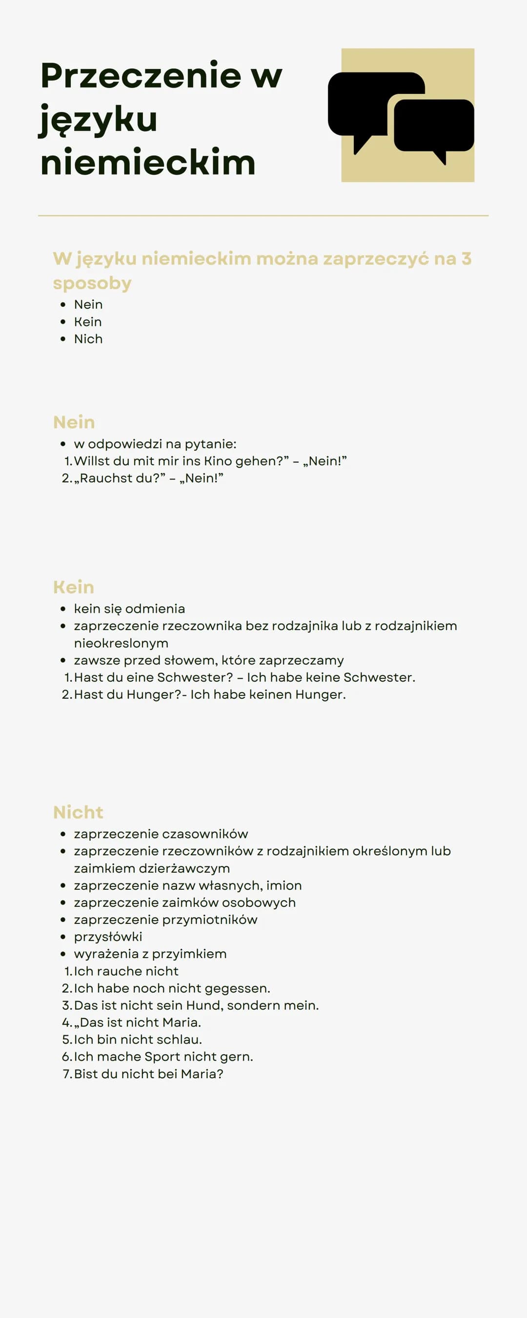 Przeczenie w
języku
niemieckim
W języku niemieckim można zaprzeczyć na 3
sposoby
• Nein
• Kein
• Nich
Nein
• w odpowiedzi na pytanie:
1. Wil