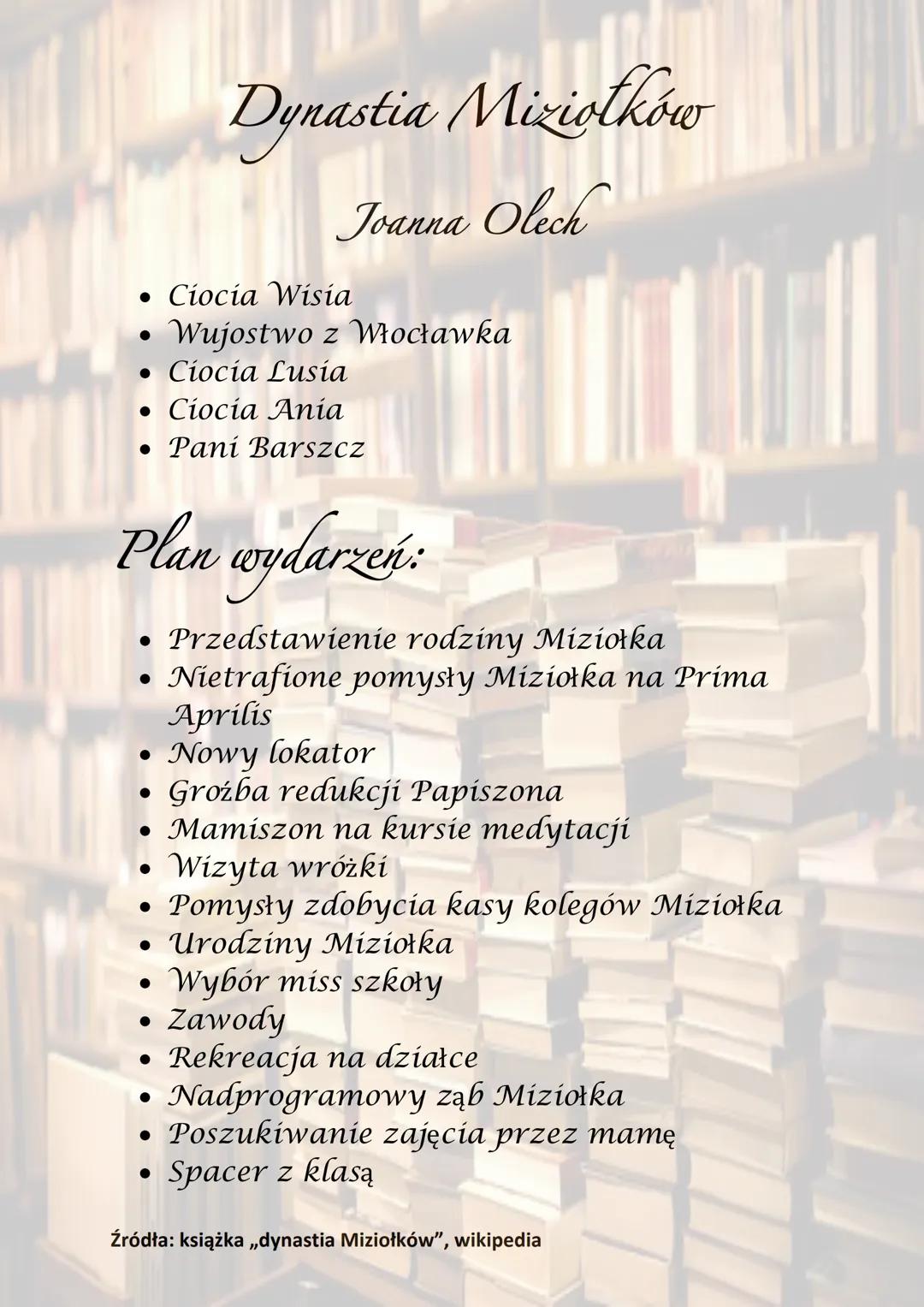 Dynastia Miziołkow

Joanna Olech

Bohaterowie:

- Miziołek
- Mamiszon
- Papiszon
- Kaszydło
- Mały potwór
- Piroman
- Fifa
- Klakson
- Kuczm
