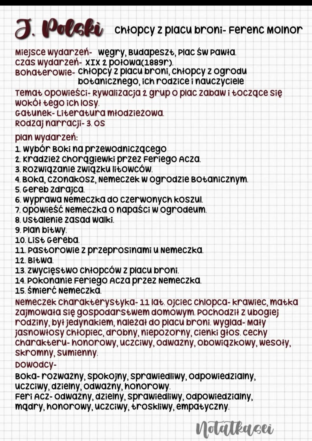 # J. Polski chłopcy z placu broni- Ferenc moinor

Miejsce wydarzeń węgry, Budapeszt, Plac św Pawła.
czas wydarzeń- XIX 2 połowa(1889).
Bohat