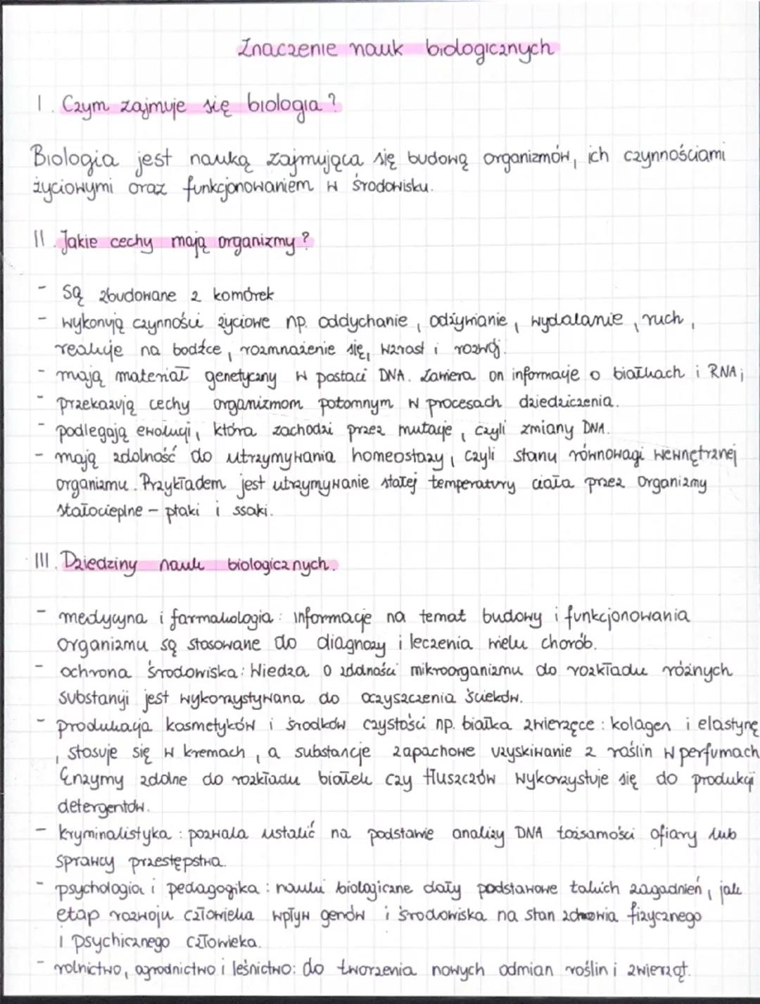 Znaczenie nauk biologicznych
1. Czym zajmuje się biologia?
Biologia jest nauką zajmująca się budową organizmów, ich czynnościami
życiowymi o
