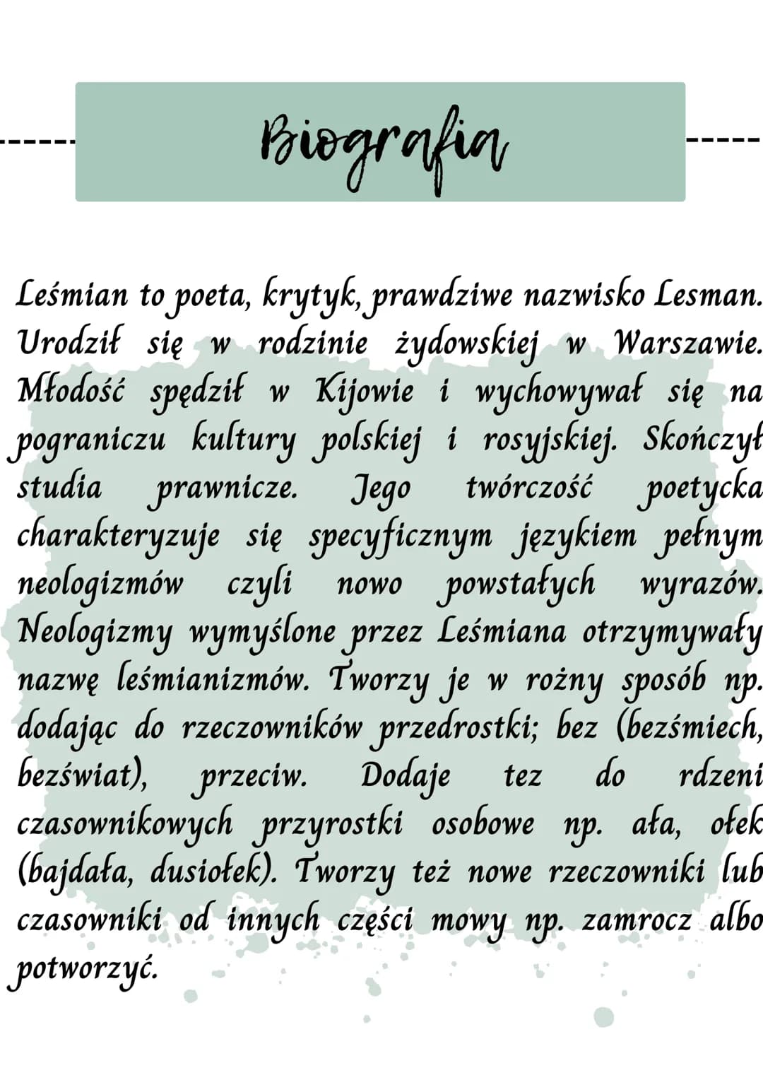 гапиват парварен
ifresbered
Topielec
Dusiotek
W malinowym chruśniaku
ruhzəmaza
żołnierz Biografin
Leśmian to poeta, krytyk, prawdziwe nazwis