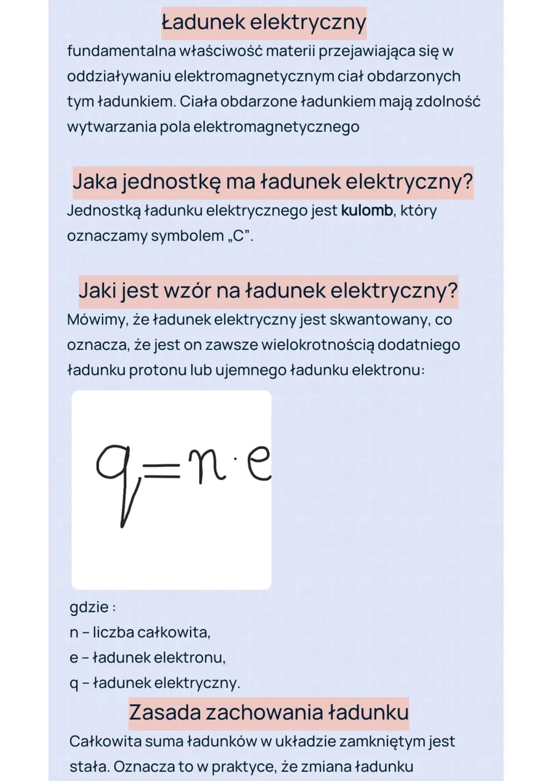 Ładunek elektryczny
fundamentalna właściwość materii przejawiająca się w
oddziaływaniu elektromagnetycznym ciał obdarzonych
tym ładunkiem. C