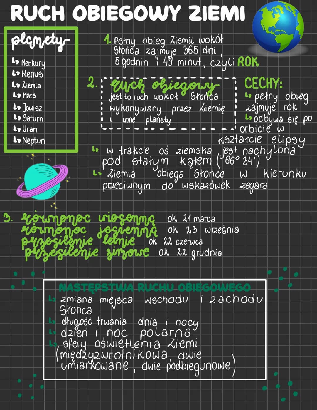 RUCH
planety
во Merkury
Wenus
L Ziemia
Mars
Jowisz
Saturn
Uran
Neptun
●
OBIEGOWY ZIEMI
1. Petny obieg Ziemi wokół
Słońca zajmuje 365 dni
5 g