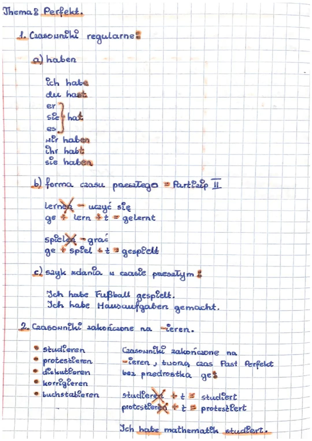 Thema: Perfekt.
1. Czasowniki regularne
4.
a) haben
ich habe
du hast
er
sie hat
es
wir haben
ihr habt
Sie haben
(6) forma czasu przeszłego =