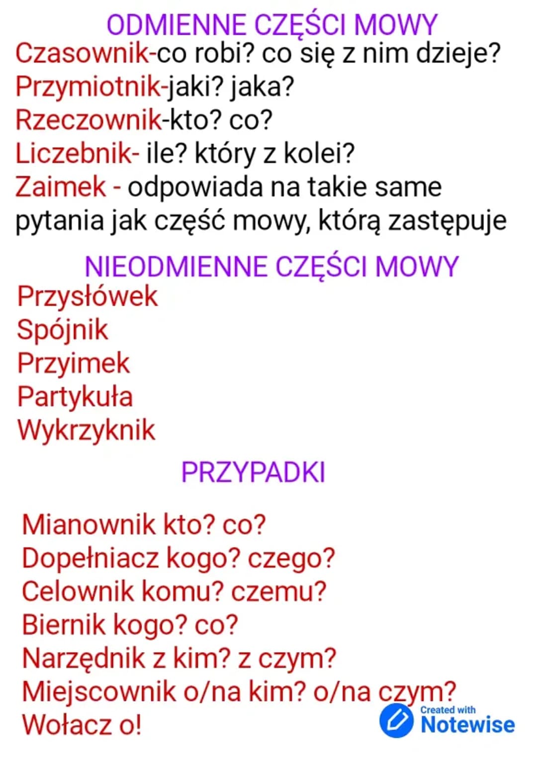 Nieodmienne części mowy,odmienne części mowy,przypadki