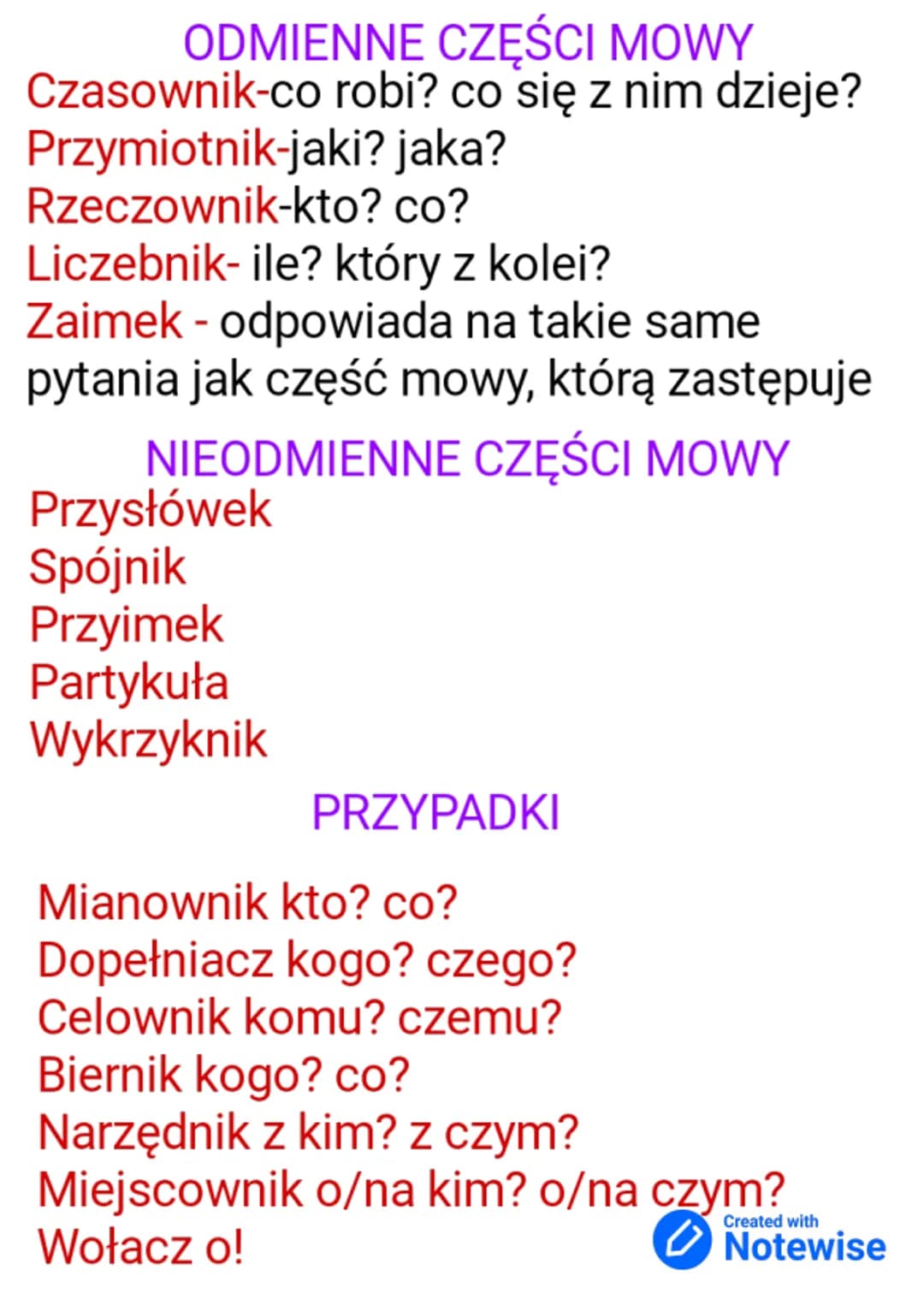 ODMIENNE CZĘŚCI MOWY
Czasownik-co robi? co się z nim dzieje?
Przymiotnik-jaki?
Rzeczownik-kto?
jaka?
co?
Liczebnik-ile? który z kolei?
Zaime
