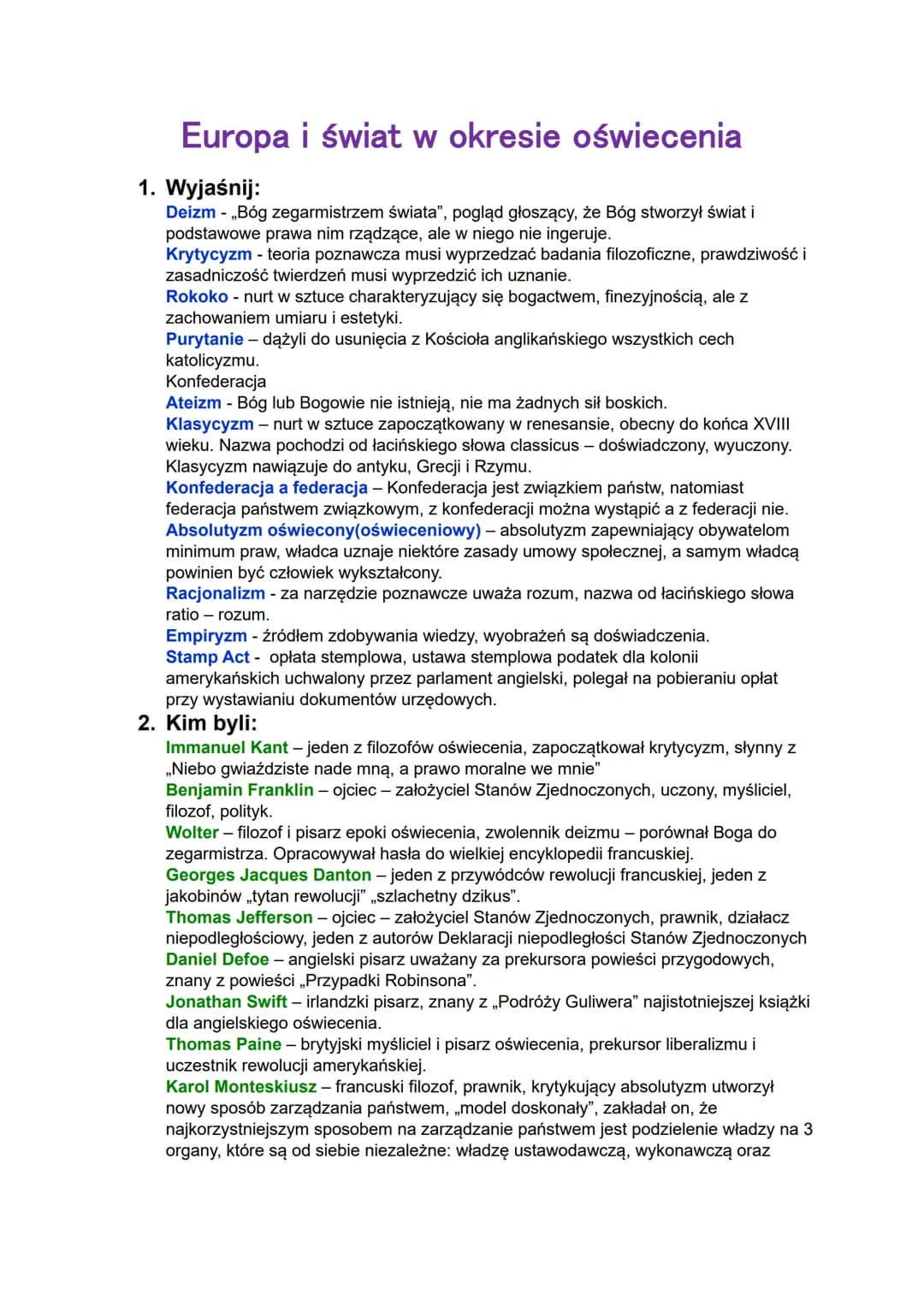 Europa i świat w okresie oświecenia
1. Wyjaśnij:
Deizm - „Bóg zegarmistrzem świata", pogląd głoszący, że Bóg stworzył świat i
podstawowe pra