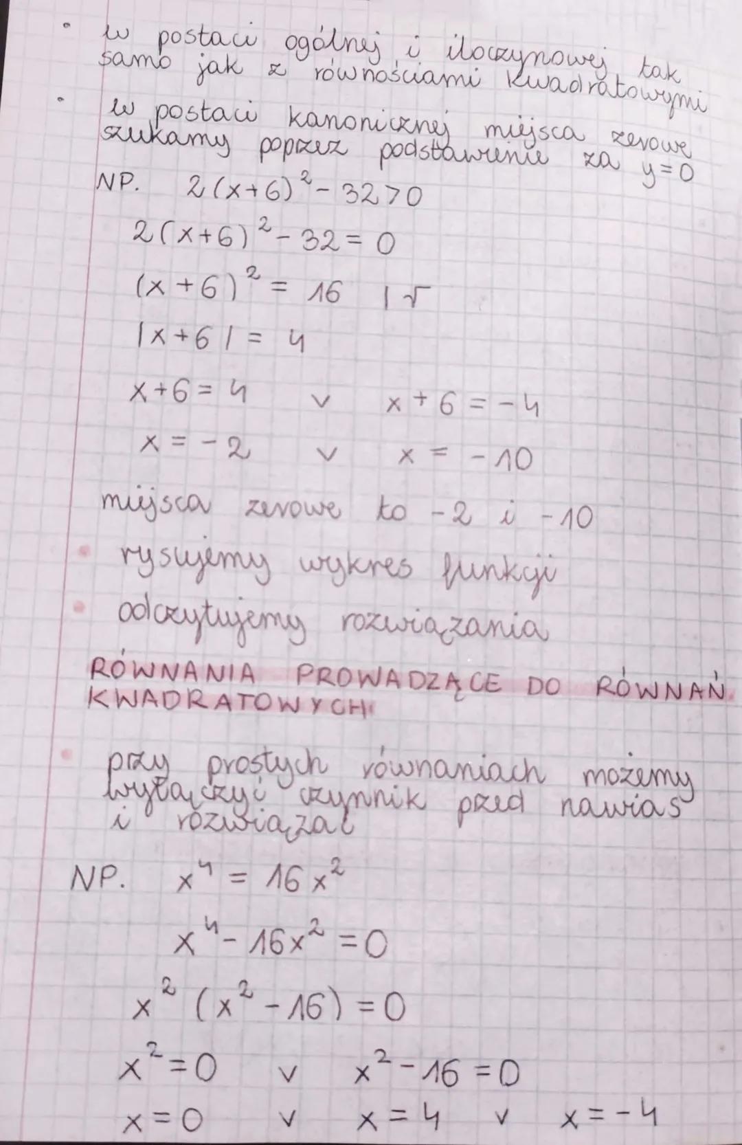w postaci ogólnej i iloczynowej tak
samo jak z równościami kwadratowymi
w postaci kanonicznej miejsca zerowe
zukamy poprzez podstawienie za
