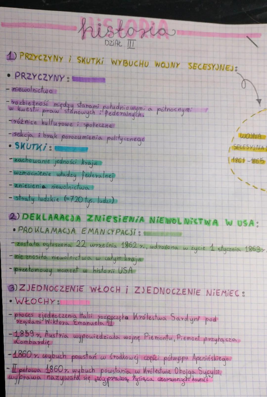 historia
DZIAŁ III
1) PRZYCZYNY i SKUTKI WYBUCHU WOJNY SECESYJNEJ:
•PRZYCZYNY:
- niewolnictwo
- vozbieżność między stanami południowymi a pó