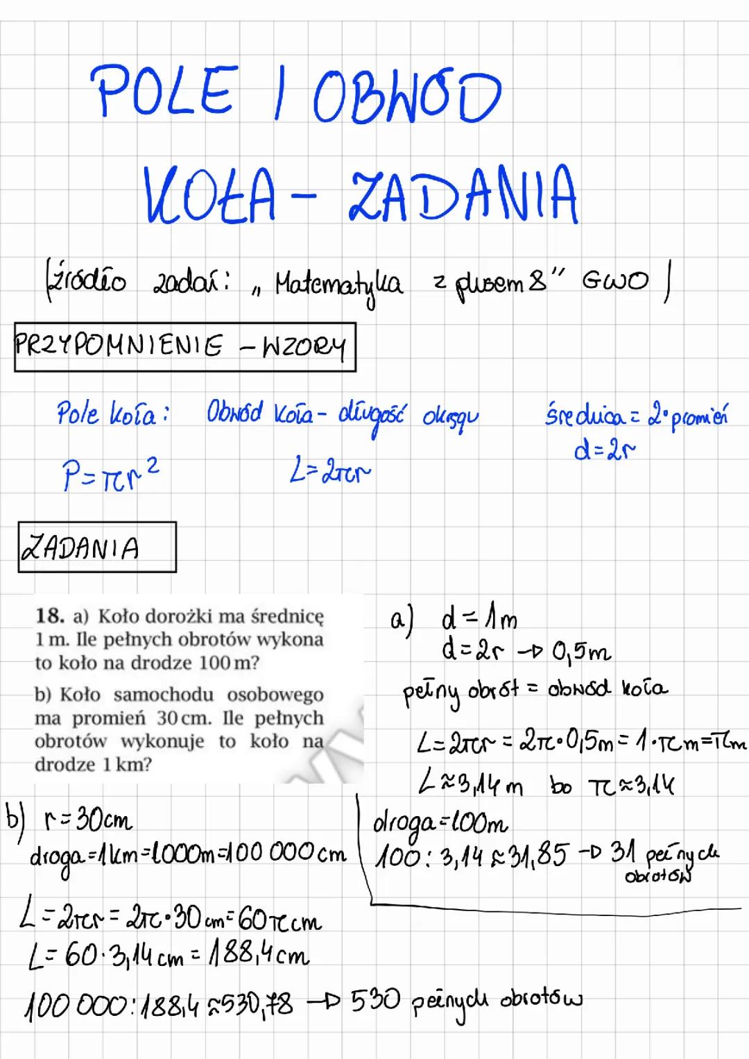 Koła i okręgi klasa 8 - zadania, sprawdziany, pdf