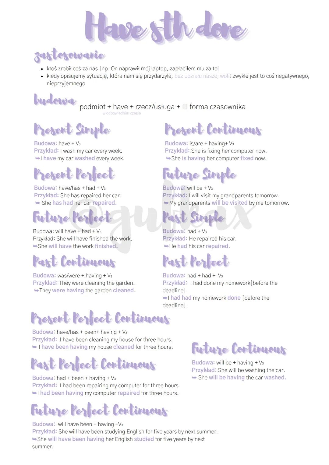 # Have sth dore

zastosowarie

*   ktoś zrobił coś za nas (np. On naprawił mój laptop, zapłaciłem mu za to]
*   kiedy opisujemy sytuację, kt