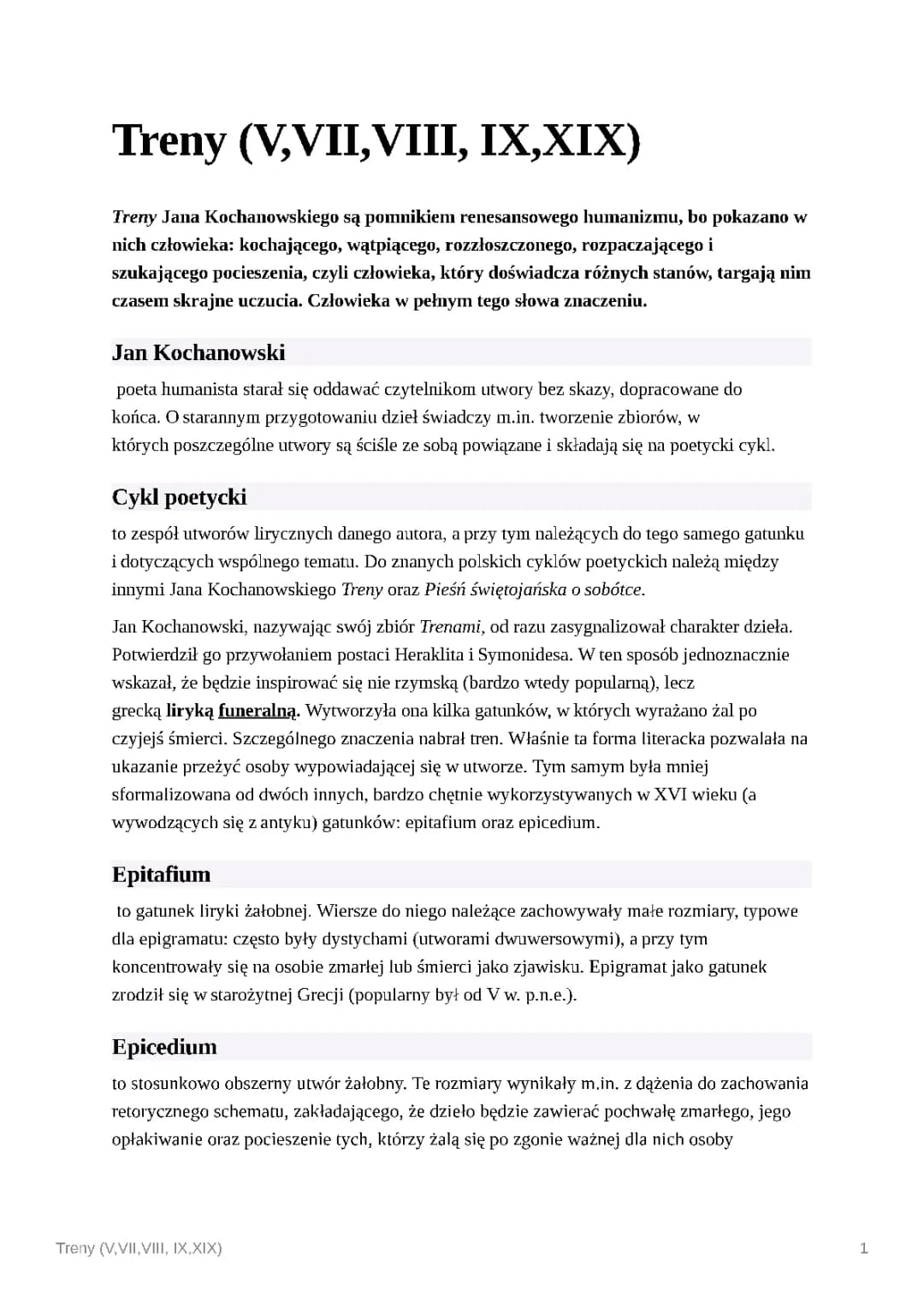 Treny Jana Kochanowskiego - Opracowanie PDF, Streszczenia i Interpretacje dla Klasa 7