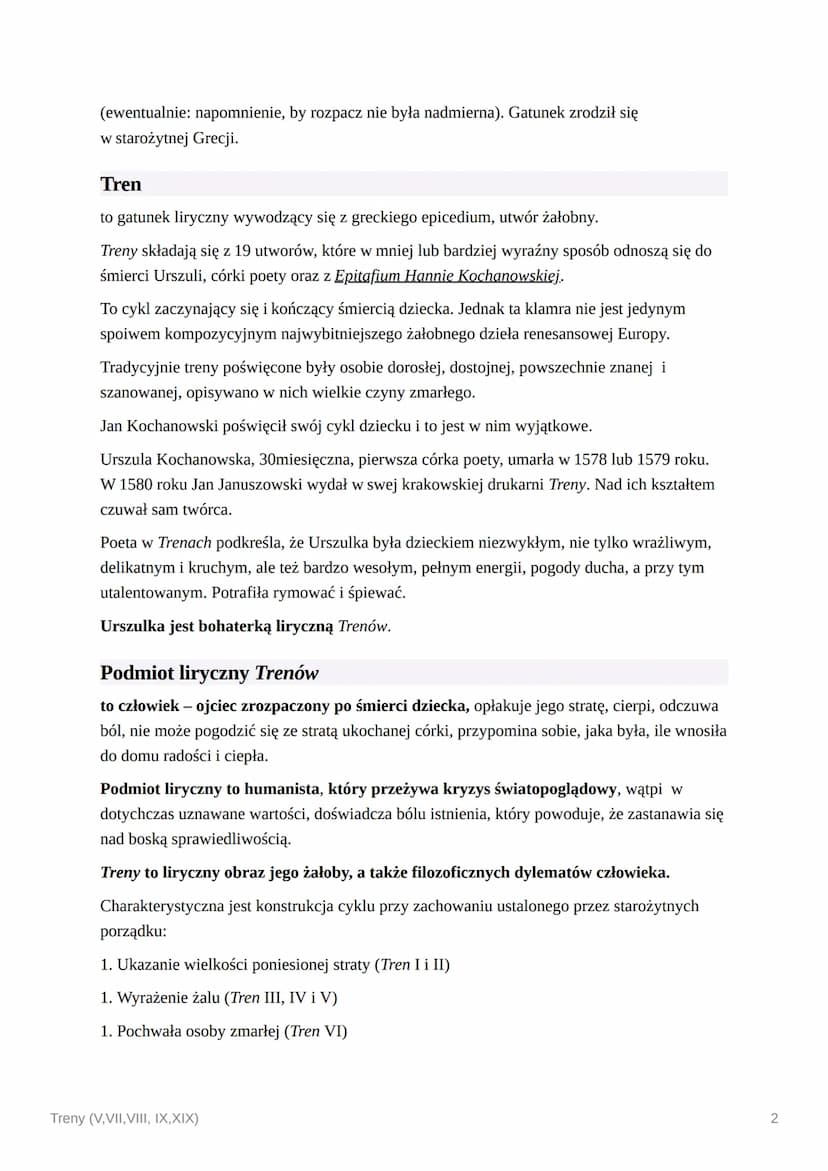 Treny (V, VII, VIII, IX,XIX)
Treny Jana Kochanowskiego są pomnikiem renesansowego humanizmu, bo pokazano w
nich człowieka: kochającego, wątp