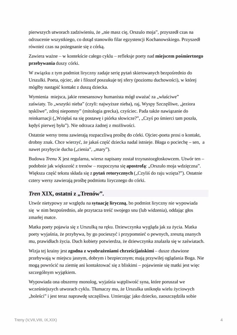Treny (V, VII, VIII, IX,XIX)
Treny Jana Kochanowskiego są pomnikiem renesansowego humanizmu, bo pokazano w
nich człowieka: kochającego, wątp
