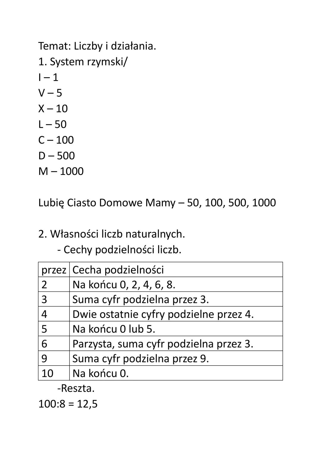 Temat: Liczby i działania.
1. System rzymski/
1-1
V-5
X - 10
L-50
C-100
D-500
M - 1000
Lubię Ciasto Domowe Mamy - 50, 100, 500, 1000
2. Włas