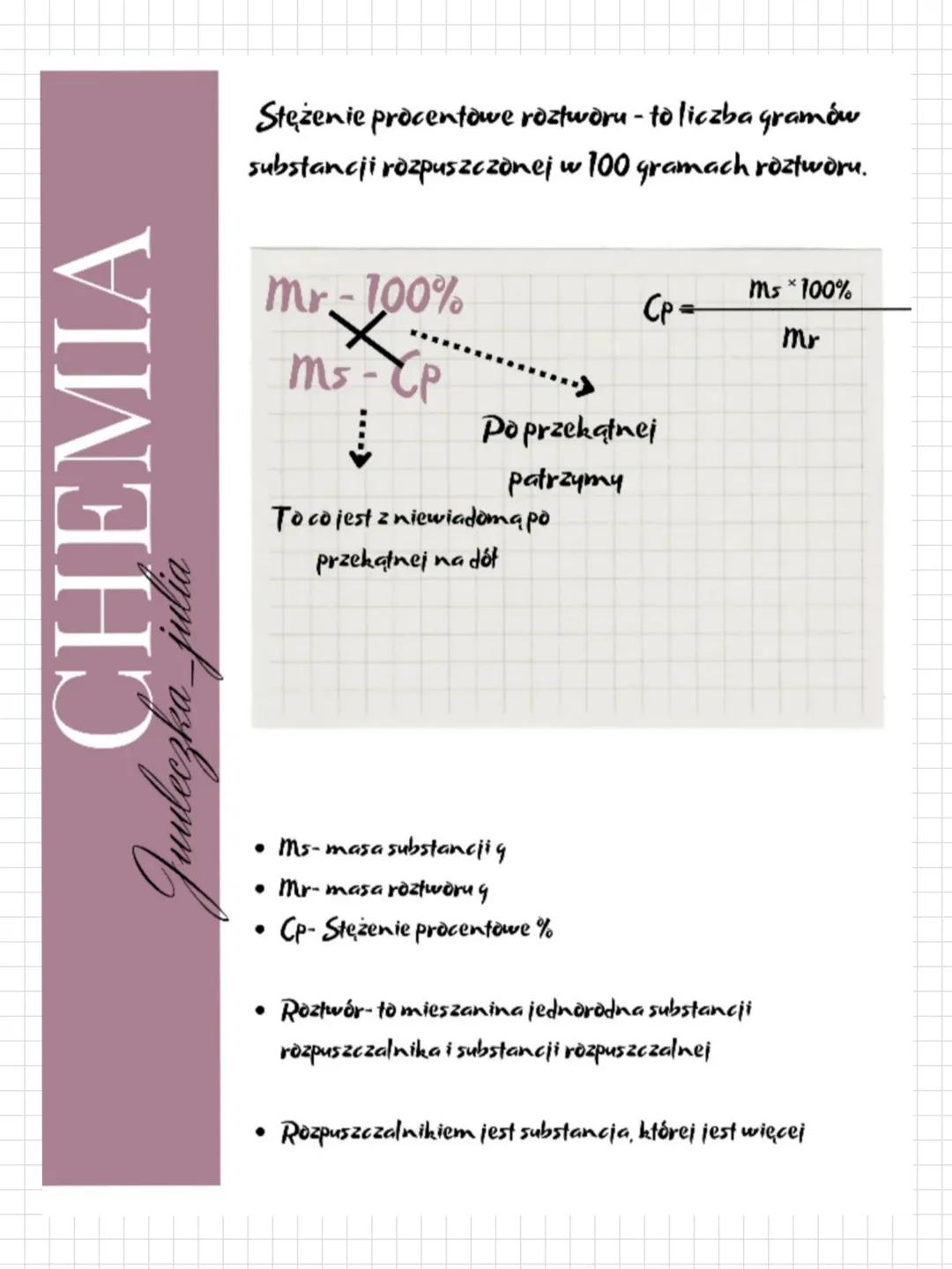 CHEMIA
Juuleczka_julia
Stężenie procentowe roztworu - to liczba gramów
substancji rozpuszczonej w 100 gramach roztworu.
mr-100%
X
Ms - CP
Į
