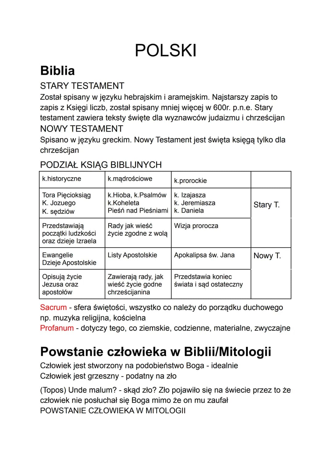 Biblia
STARY TESTAMENT
Został spisany w języku hebrajskim i aramejskim. Najstarszy zapis to
zapis z Księgi liczb, został spisany mniej więce