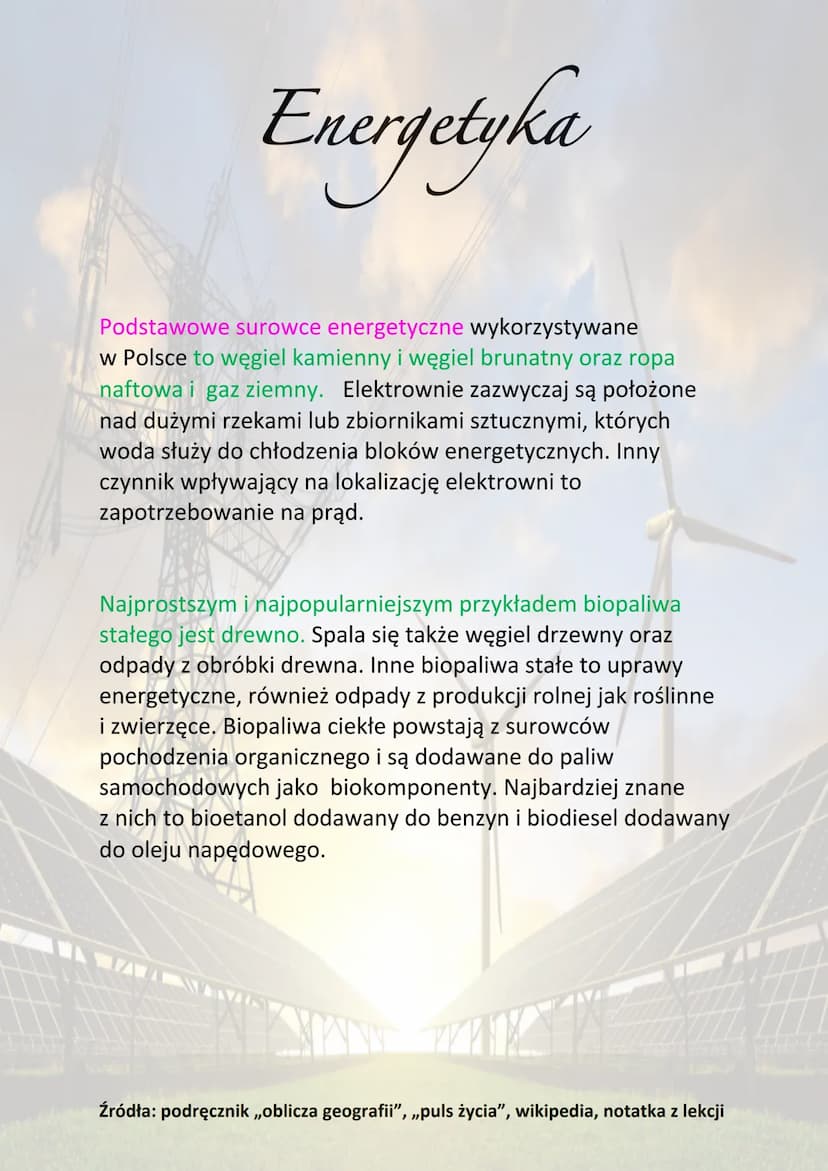 Energetyka
Energetyka to dział przemysłu zajmujący się produkcją oraz
dystrybucją energii elektrycznej i cieplnej. Dzieli się na:
• energety