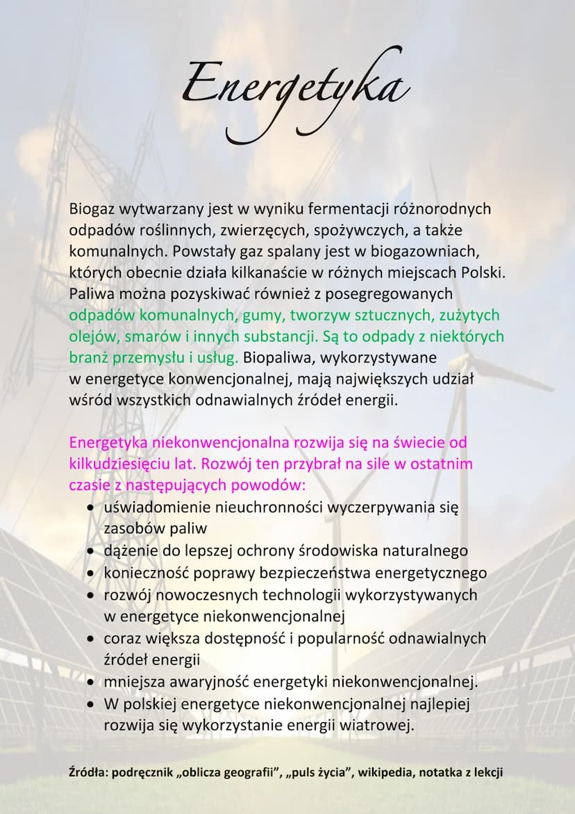 Energetyka
Energetyka to dział przemysłu zajmujący się produkcją oraz
dystrybucją energii elektrycznej i cieplnej. Dzieli się na:
• energety