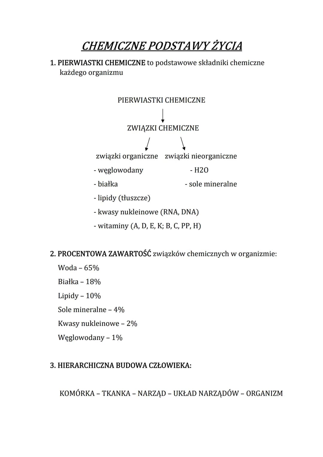 CHEMICZNE PODSTAWY ŻYCIA
1. PIERWIASTKI CHEMICZNE to podstawowe składniki chemiczne
każdego organizmu
PIERWIASTKI CHEMICZNE
ZWIĄZKI CHEMICZN