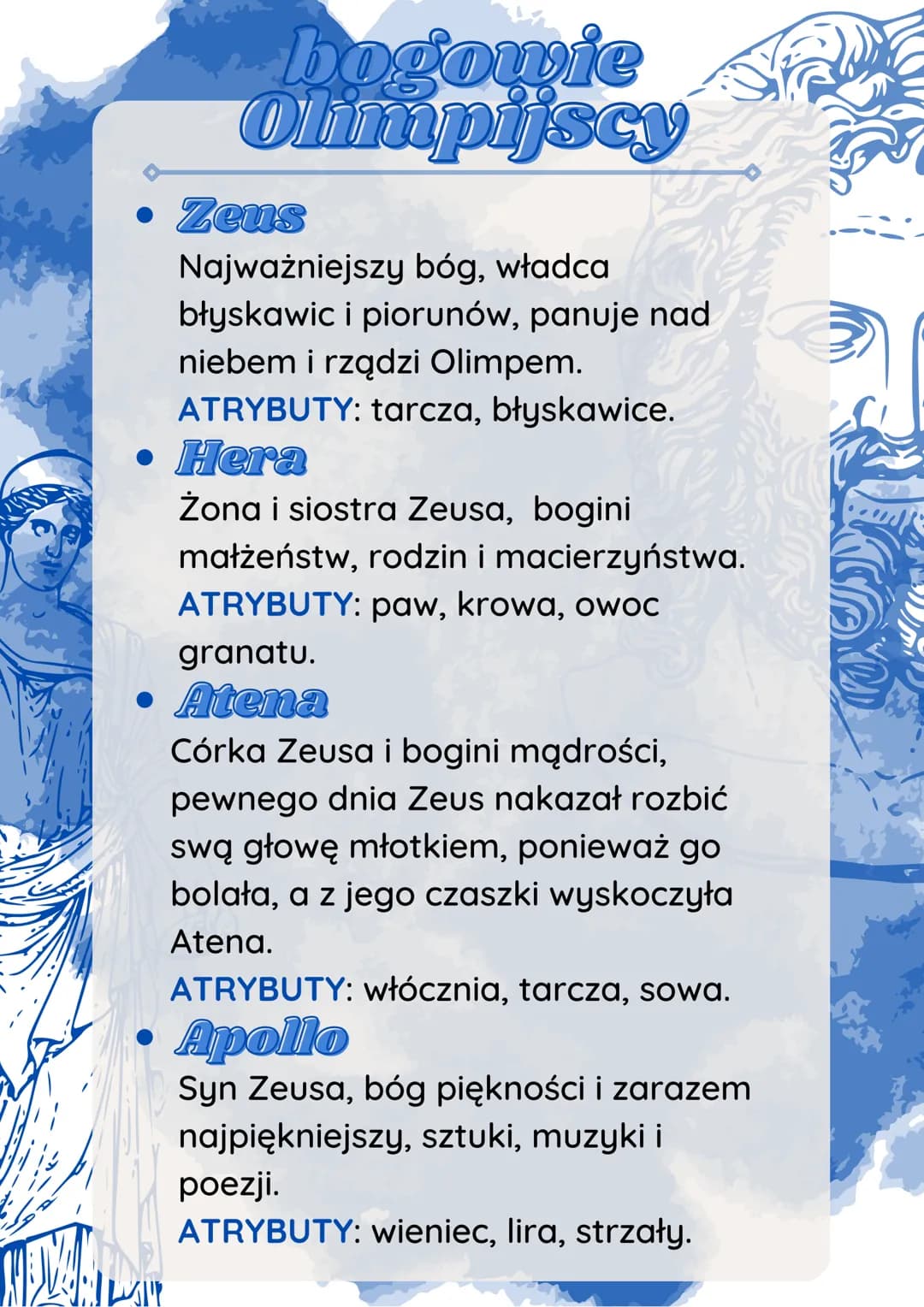 MOVA
bogowie
Olimpijscy
• Zeus
Najważniejszy bóg, władca
błyskawic i piorunów, panuje nad
niebem i rządzi Olimpem.
ATRYBUTY: tarcza, błyskaw