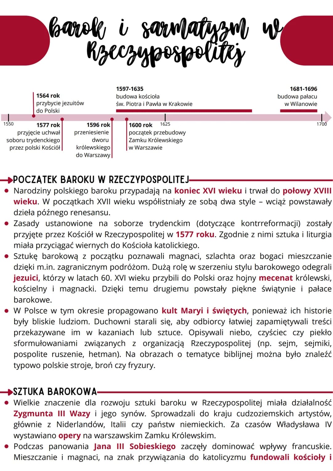 --- OCR Start ---
barok i sarmatyzm w
Rzeczypospolitej
1597-1635
budowa kościoła
św. Piotra i Pawła w Krakowie
1681-1696
budowa pałacu
w Wil