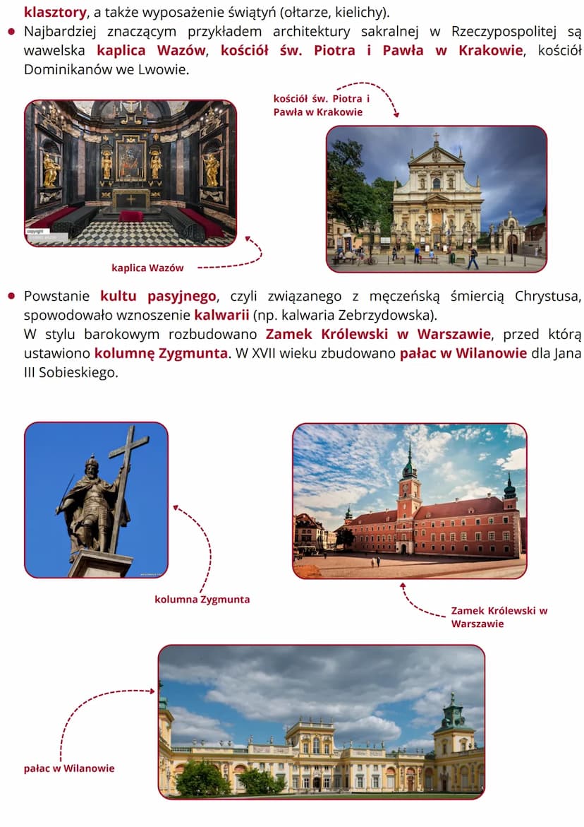 --- OCR Start ---
barok i sarmatyzm w
Rzeczypospolitej
1597-1635
budowa kościoła
św. Piotra i Pawła w Krakowie
1681-1696
budowa pałacu
w Wil