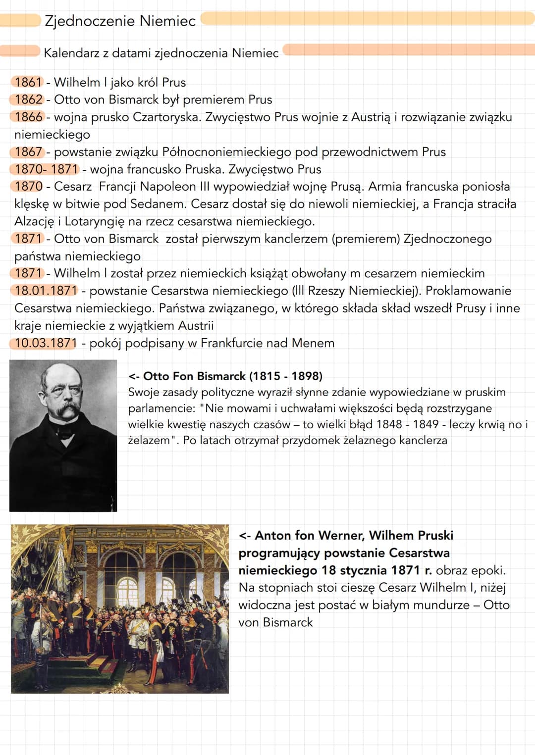 Zjednoczenie Niemiec
Kalendarz z datami zjednoczenia Niemiec
1861 - Wilhelm I jako król Prus
1862 - Otto von Bismarck był premierem Prus
186