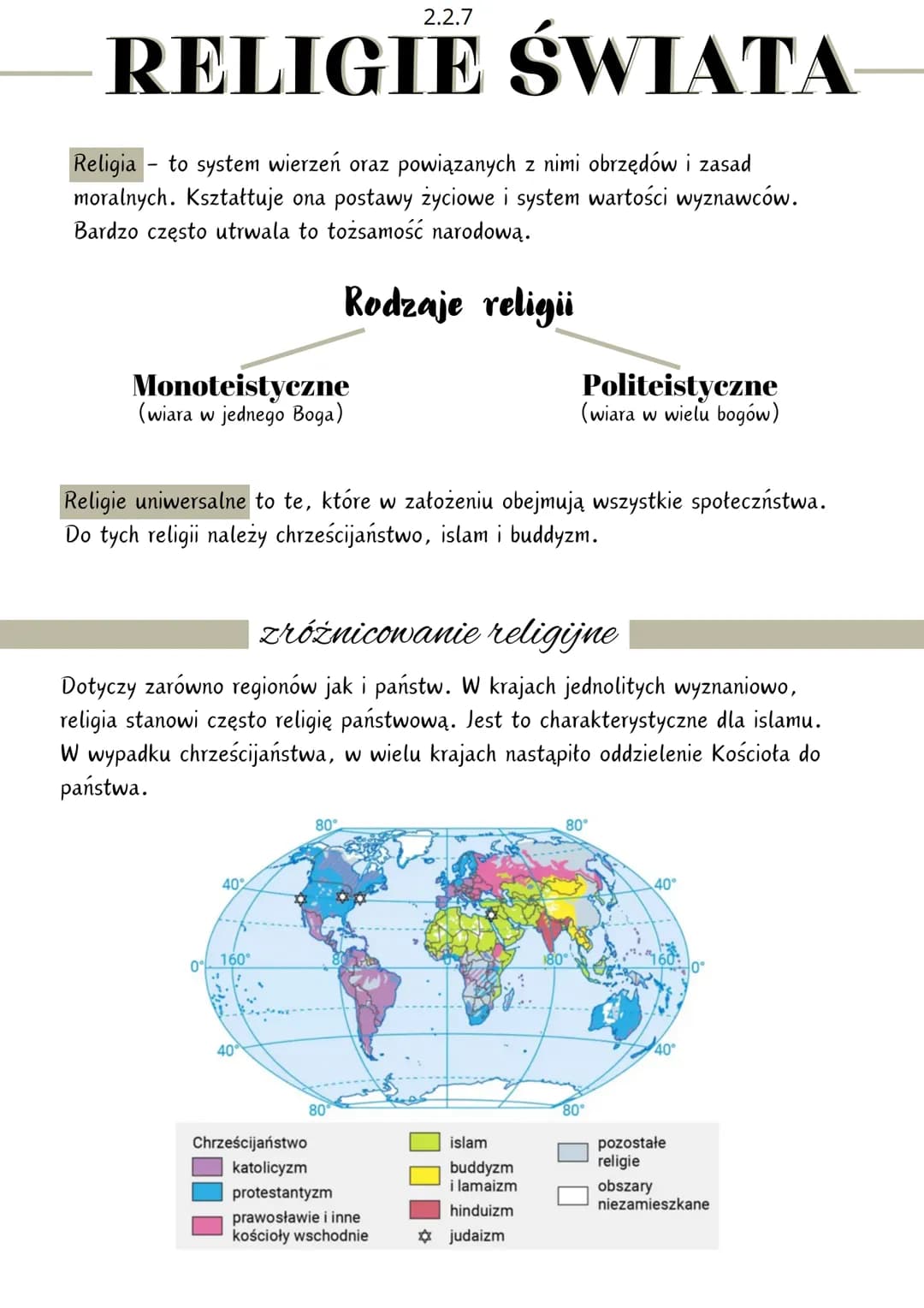 RELIGIE ŚWIATA
Religia to system wierzeń oraz powiązanych z nimi obrzędów i zasad
moralnych. Kształtuje ona postawy życiowe i system wartośc