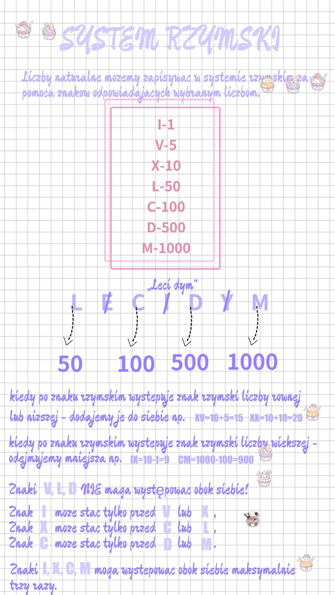 • • SYSTEM RZYMSKI
Liczby naturalne mozemy zapisywać w systemie rzyskim za
pomoca znakow odpowiadajacych wybranym liczbom.
E
1-1
V-5
X-10
L-
