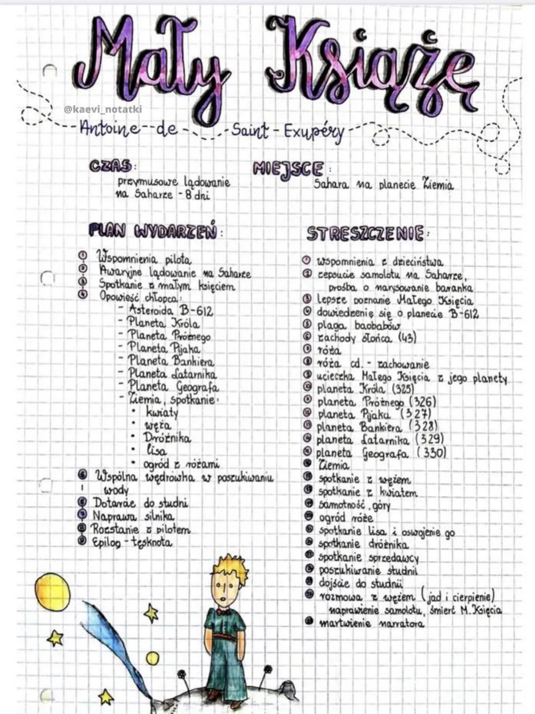 # Maly Książe
@kaevi_notatki

-Antoine--de-Saint-Exupéry

CZAS:

preymusowe lądowanie
na Saharze 8 dni

PLAN WYDARZEŃ:

*   Wspomnienia pilo