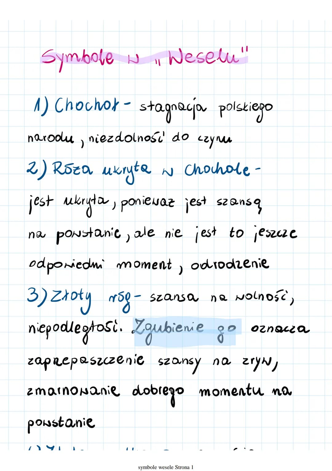 Symbole w Weselu"
1) Chochor - stagnacja polskiego
narodu, niezdolność do czynu.
2) Rōza ukryta
~ Chochole-
jest ukryta, poniewaz jest szans