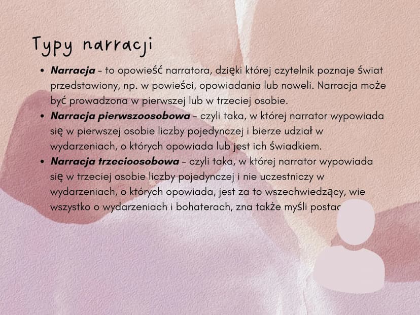 Język polski
TYPY NARRACJI, FIKCJA LITERACKA,
MOTTO, PRZYPOWIEŚĆ I JEJ CECHY
Notatka dla klasy 6
by; asarsoon_ Typy narracji
• Narracja - to
