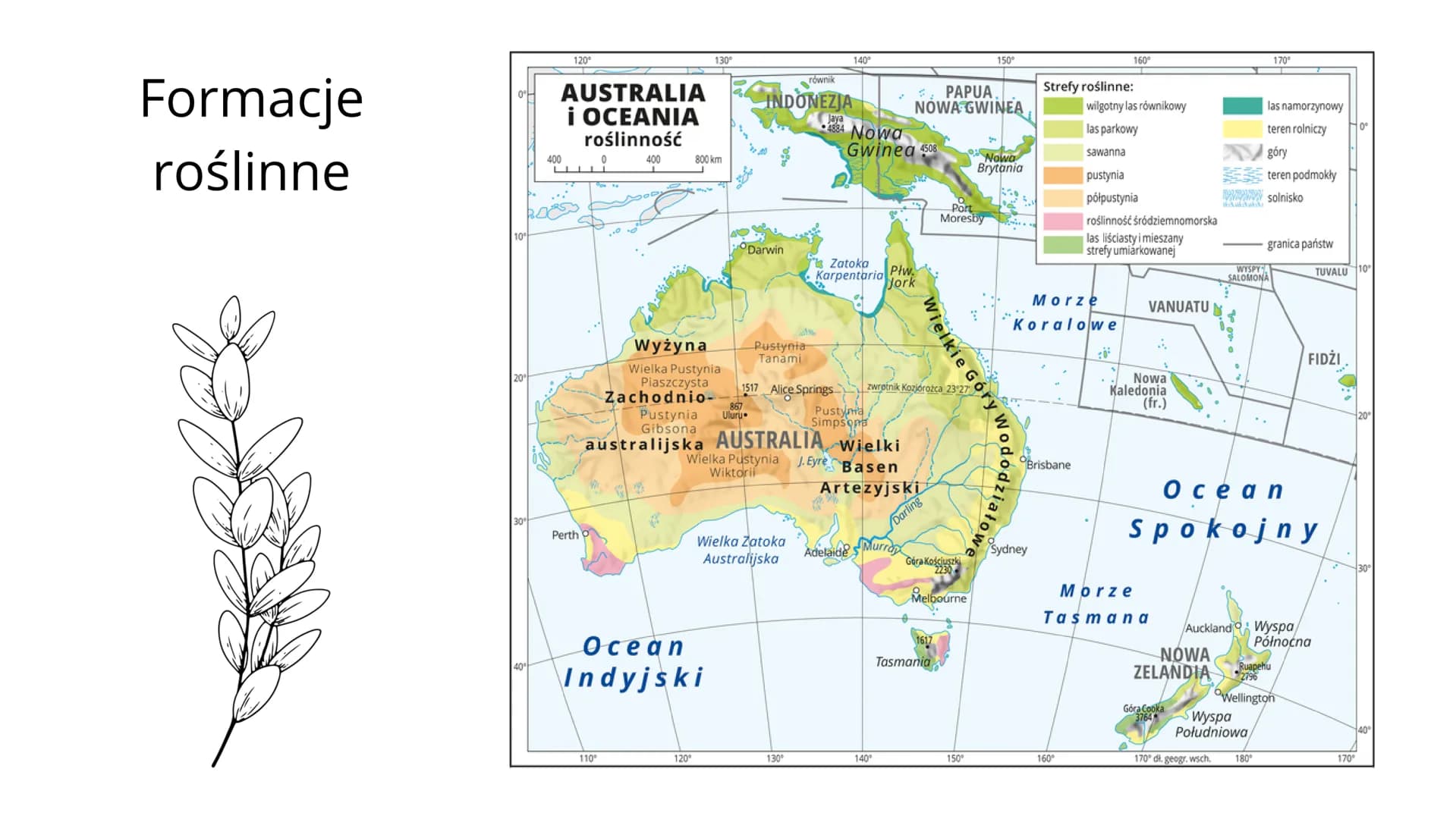 Środowisko
przyrodnicze Australii i
Oceanii Położenie
• jest najmniejszym kontynentem na Ziemi (7,7 mln km2)
leży na półkulach południowej i