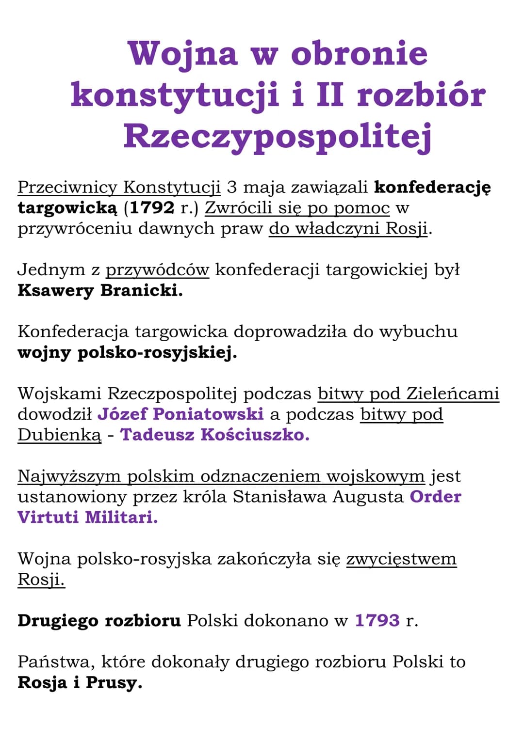 Wojna w obronie
konstytucji i II rozbiór
Rzeczypospolitej
Przeciwnicy Konstytucji 3 maja zawiązali konfederację
targowicką (1792 r.) Zwrócil