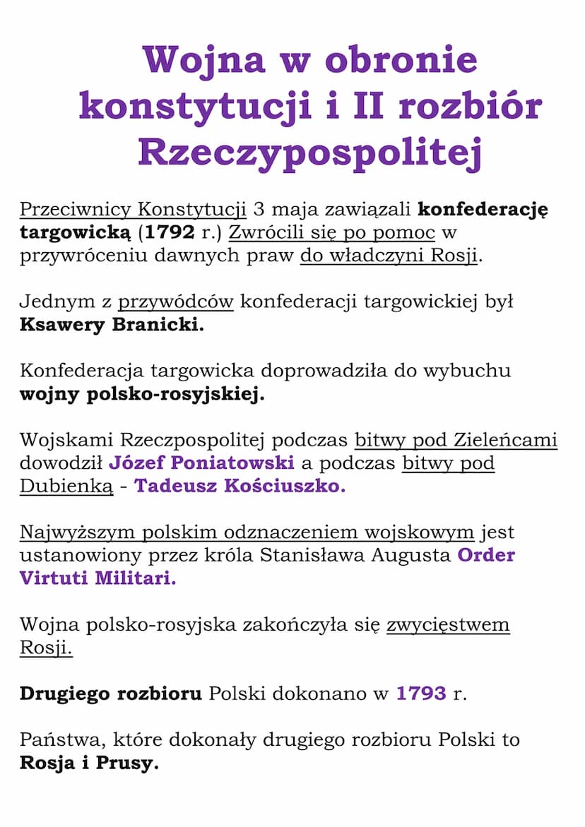 Wojna w obronie
konstytucji i II rozbiór
Rzeczypospolitej
Przeciwnicy Konstytucji 3 maja zawiązali konfederację
targowicką (1792 r.) Zwrócil
