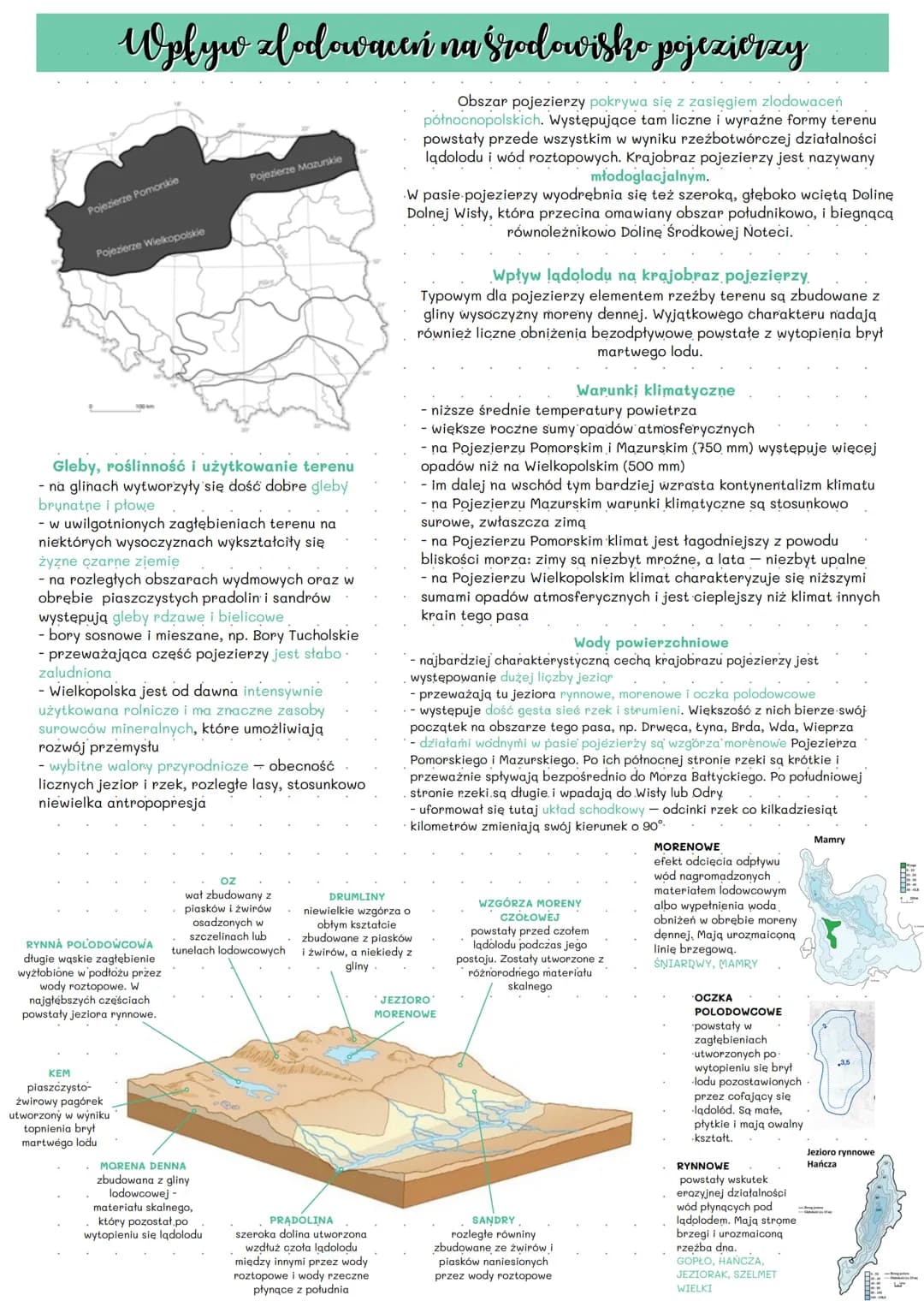 Pojezierze Pomorskie
Wpływ zlodowaceń na środowisko pojezierzy
Pojezierze Wielkopolskie
Gleby, roślinność i użytkowanie terenu
- na glinach 