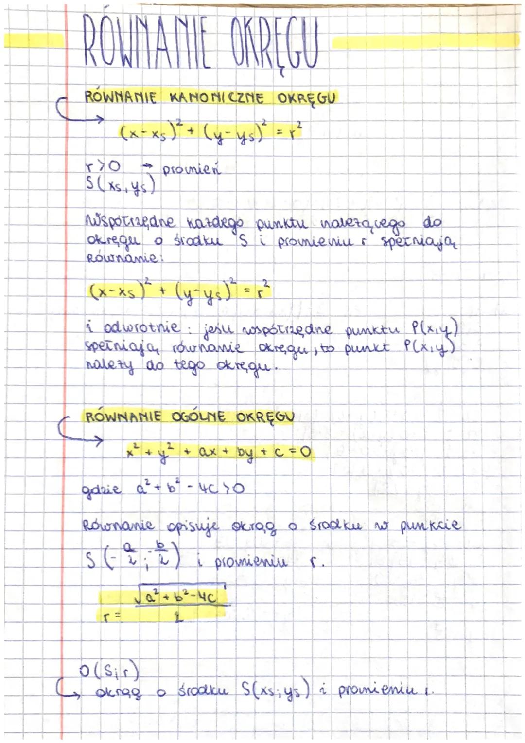 # ROWNANIE OKRĘGU

ROWNANIE KANONICZNE OKRĘGU

←

$(x-x_s)^2 + (y-y_s)^2 = r^2$

r>0 → promien

S(xs, ys)

Współrzędne kazdego punktu nalezą