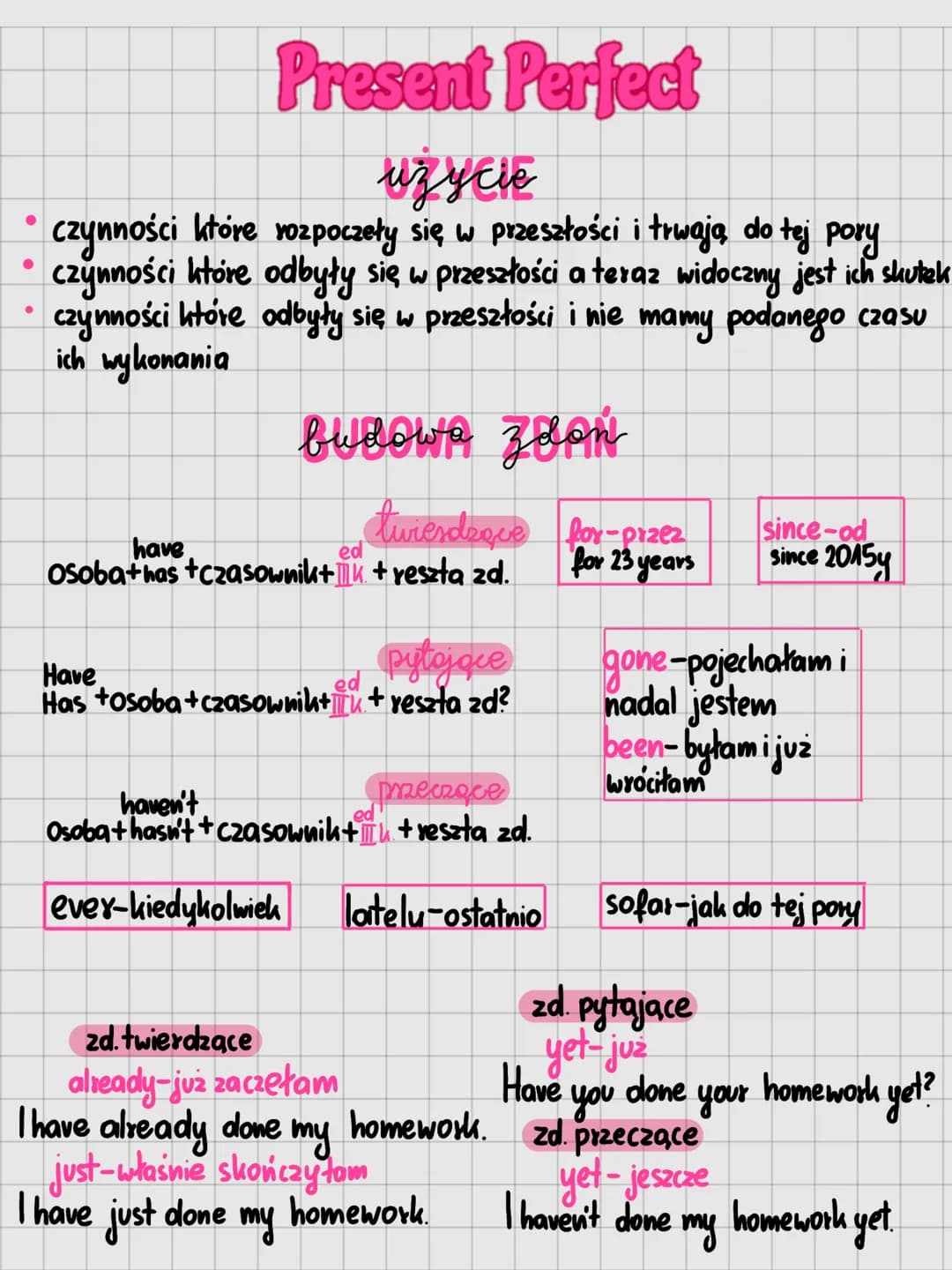 Present Perfect
uz y cie
czynności które rozpoczeły się w przeszłości i trwają do tej pory
czynności które odbyły się w przeszłości a teraz 