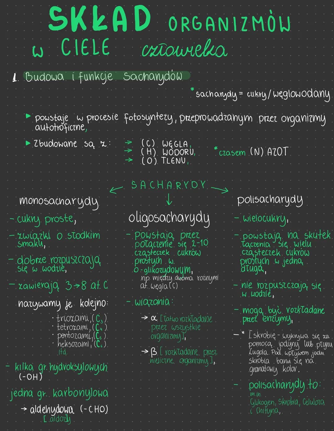 SKLAD ORGANIZMÓW
W CIELE
1. Budowa i funkcje Sacharydow
sacharydy cukry/weglowodany.
▸ powstaje w procesie fotosyntezy, przeprowadzanym prze