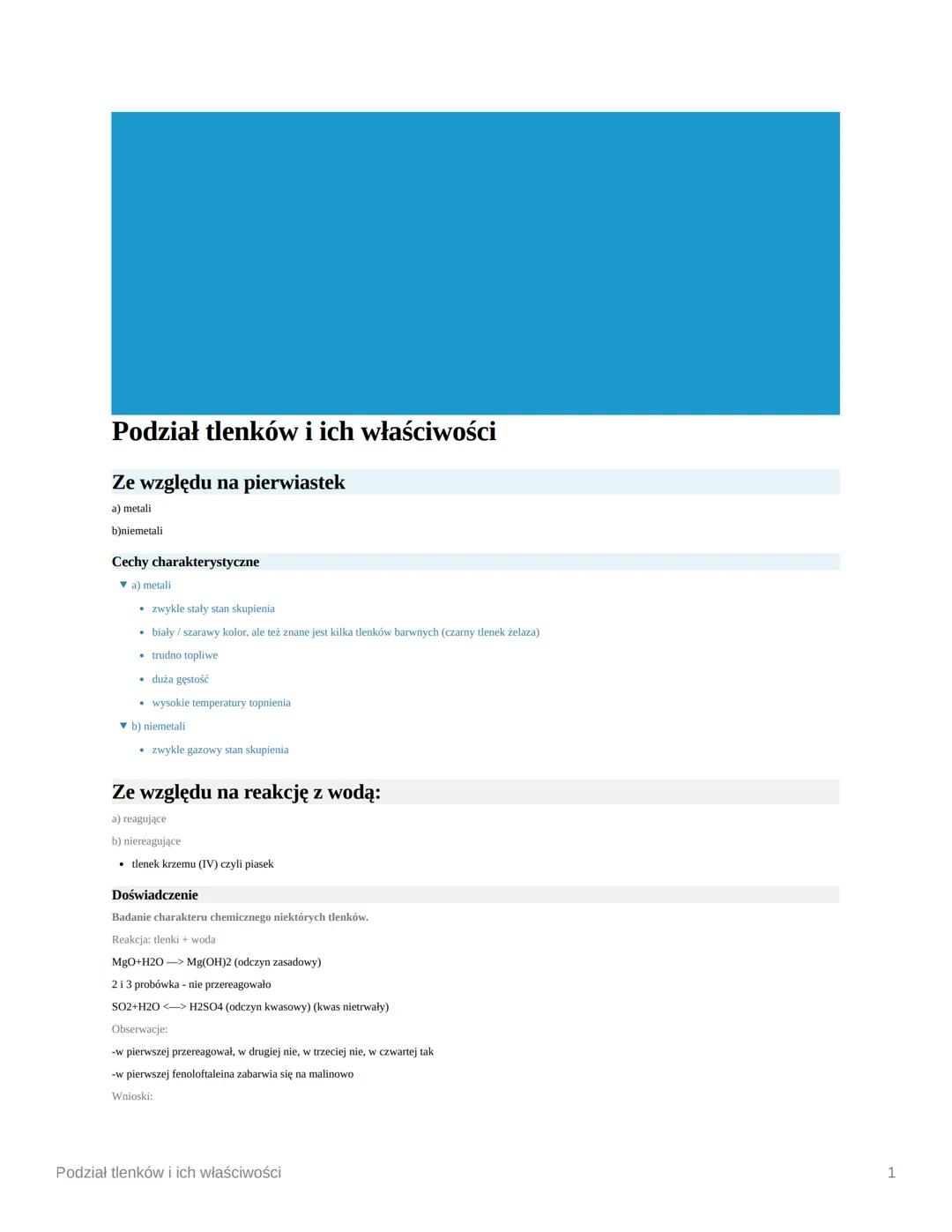 Podział tlenków i ich właściwości
Ze względu na pierwiastek
a) metali
b)niemetali
Cechy charakterystyczne
▼a) metali
• zwykle stały stan sku