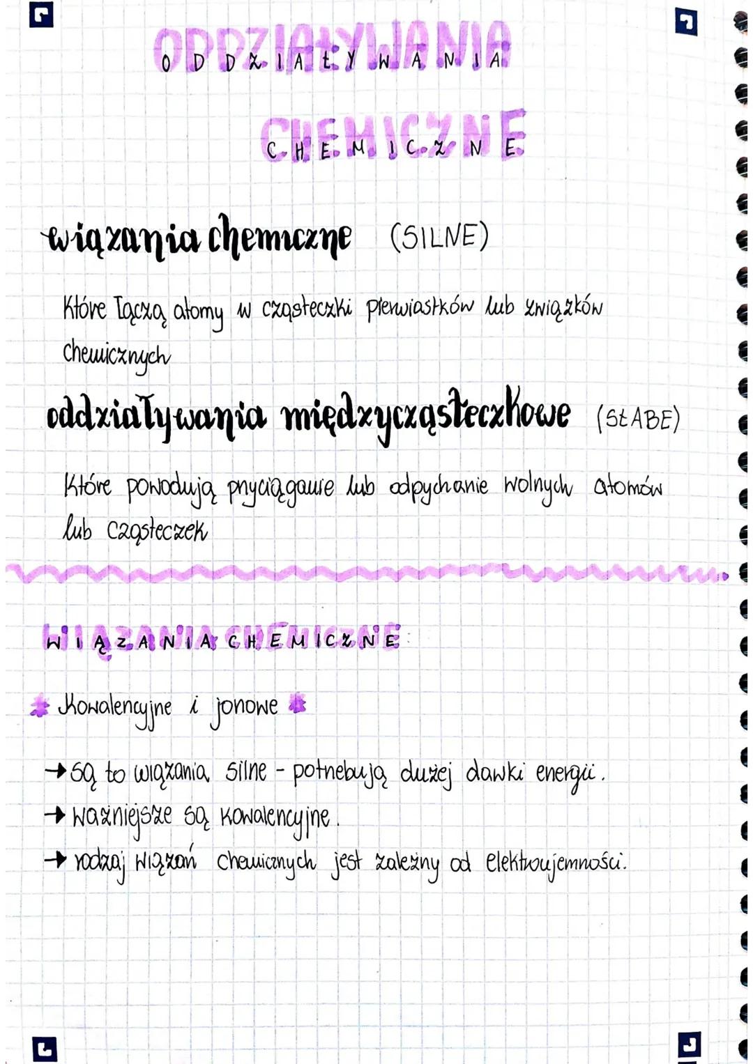 r
ODDZIAŁYWANIA
CHEMICZNE
wiązania chemiczne (SILNE)
Które łączą atomy w cząsteczki pierwiastków lub związków
chemicznych
oddziaływania międ