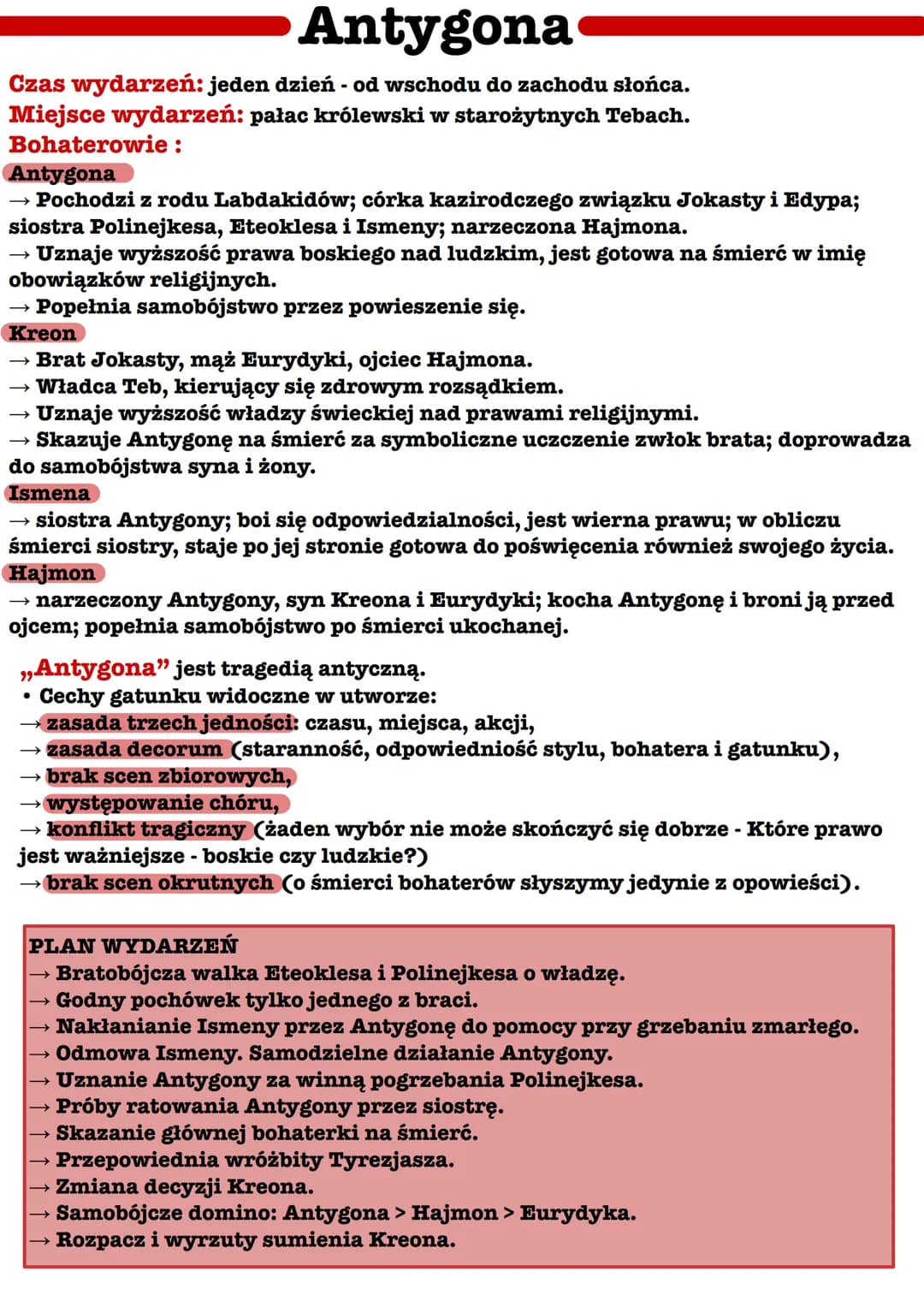 Antygona
Czas wydarzeń: jeden dzień - od wschodu do zachodu słońca.
Miejsce wydarzeń: pałac królewski w starożytnych Tebach.
Bohaterowie :
A