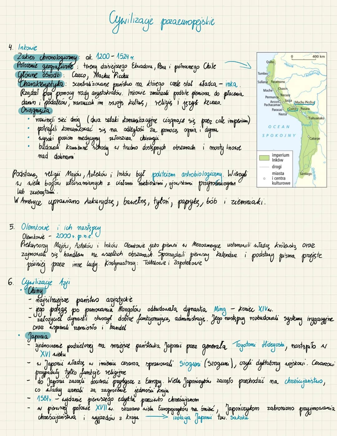 4. Inkowie
Zakres chronologiormy: ok. 1200 - 1524 v.
Położenie geografiorume: teremy dzisiejszego Ekwadoru, Peru i półmanego Chile
Główne oś