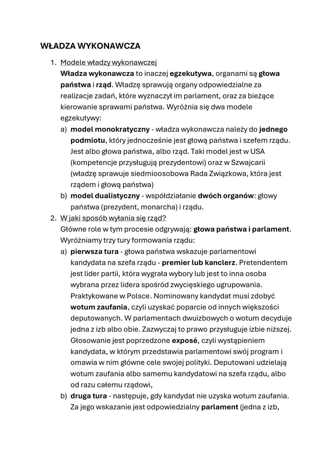 WŁADZA WYKONAWCZA
1. Modele władzy wykonawczej
Władza wykonawcza to inaczej egzekutywa, organami są głowa
państwa i rząd. Władzę sprawują or