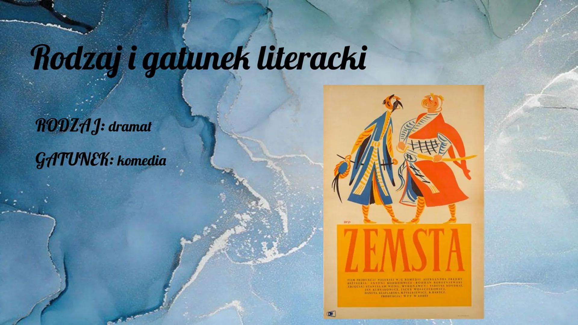 ,,Zemsta"
99
Aleksander Fredro Geneza utworu
Inspirowana była dokumentem znalezionym
przez Fredrę na zamku Kamieniec w Odrzykoniu,
Bibloteme